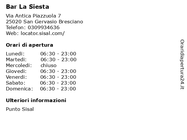 Bar La Siesta a San Gervasio Bresciano: indirizzo e orari di apertura
