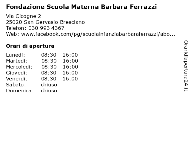 Fondazione Scuola Materna Barbara Ferrazzi a San Gervasio Bresciano: indirizzo e orari di apertura