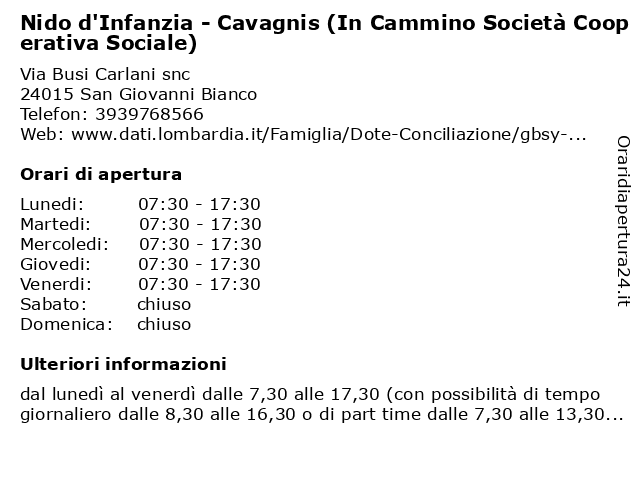 Nido d'Infanzia - Cavagnis (In Cammino Società Cooperativa Sociale) a San Giovanni Bianco: indirizzo e orari di apertura