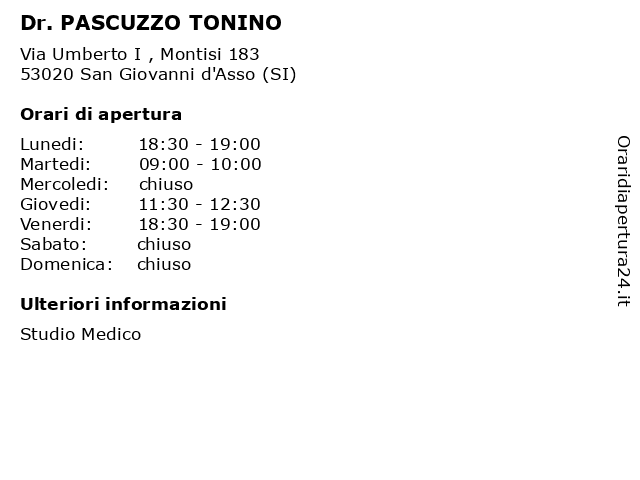 Dr. PASCUZZO TONINO a San Giovanni d'Asso (SI): indirizzo e orari di apertura