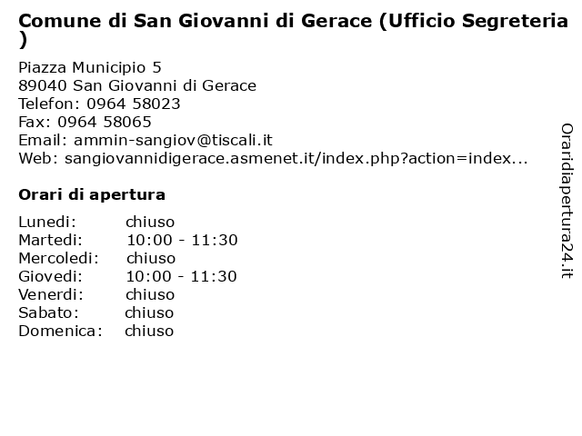 Comune di San Giovanni di Gerace (Ufficio Segreteria) a San Giovanni di Gerace RC: indirizzo e orari di apertura