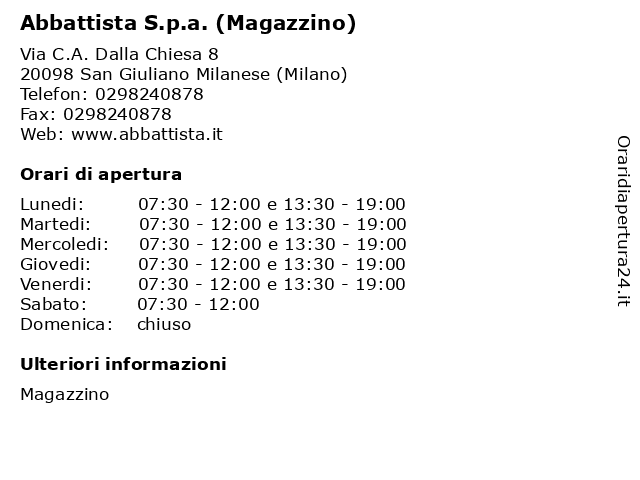 Abbattista S.p.a. (Magazzino) a San Giuliano Milanese (Milano): indirizzo e orari di apertura