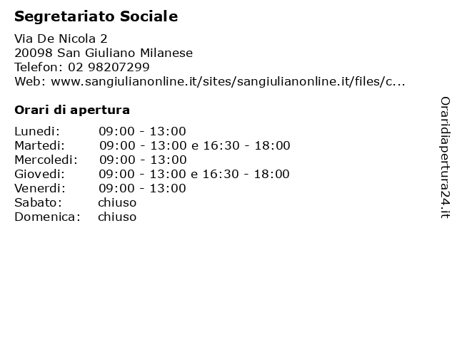 Segretariato Sociale a San Giuliano Milanese: indirizzo e orari di apertura