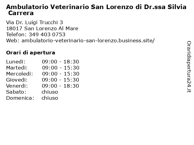 Ambulatorio Veterinario San Lorenzo di Dr.ssa Silvia Carrera a San Lorenzo Al Mare: indirizzo e orari di apertura