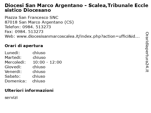 Diocesi San Marco Argentano - Scalea,Tribunale Ecclesistico Diocesano a San Marco Argentano (CS): indirizzo e orari di apertura
