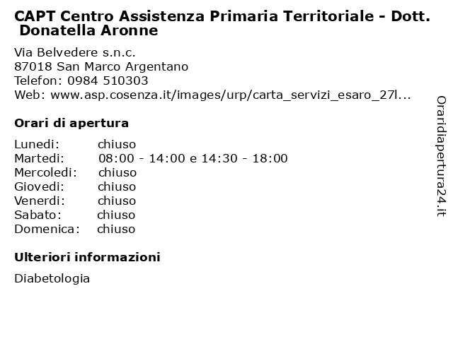 CAPT Centro Assistenza Primaria Territoriale - Dott. Donatella Aronne a San Marco Argentano: indirizzo e orari di apertura