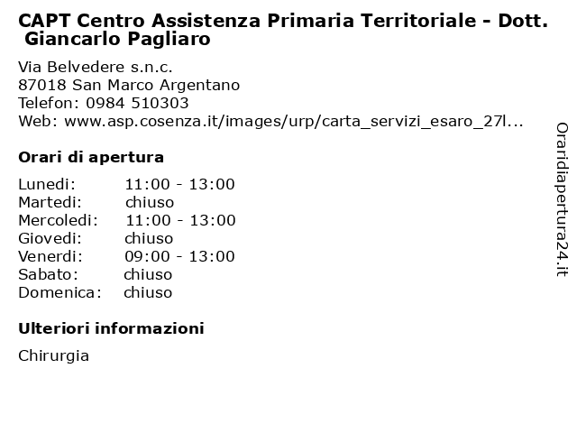 CAPT Centro Assistenza Primaria Territoriale - Dott. Giancarlo Pagliaro a San Marco Argentano: indirizzo e orari di apertura