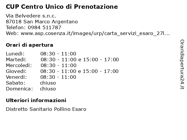 CUP Centro Unico di Prenotazione a San Marco Argentano: indirizzo e orari di apertura