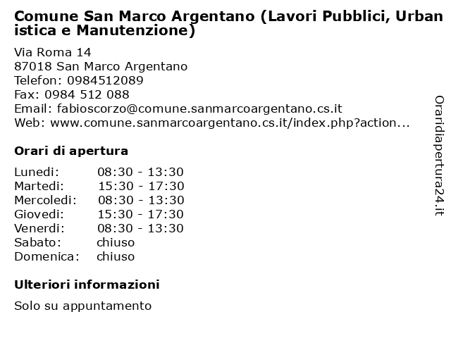Comune San Marco Argentano (Lavori Pubblici, Urbanistica e Manutenzione) a San Marco Argentano: indirizzo e orari di apertura