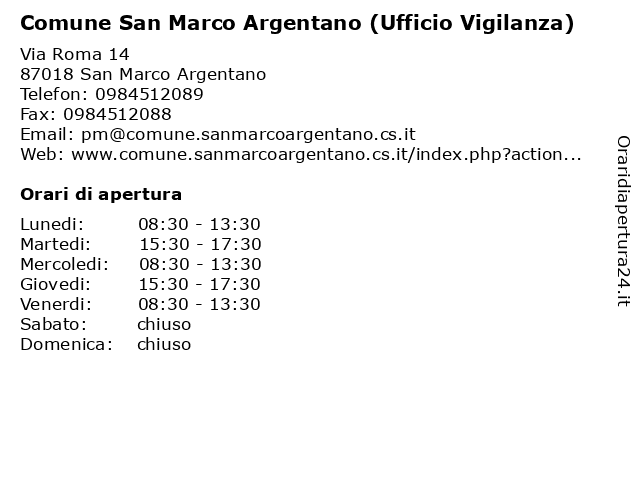 Comune San Marco Argentano (Ufficio Vigilanza) a San Marco Argentano: indirizzo e orari di apertura