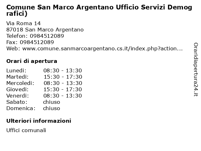 Comune San Marco Argentano Ufficio Servizi Demografici) a San Marco Argentano: indirizzo e orari di apertura