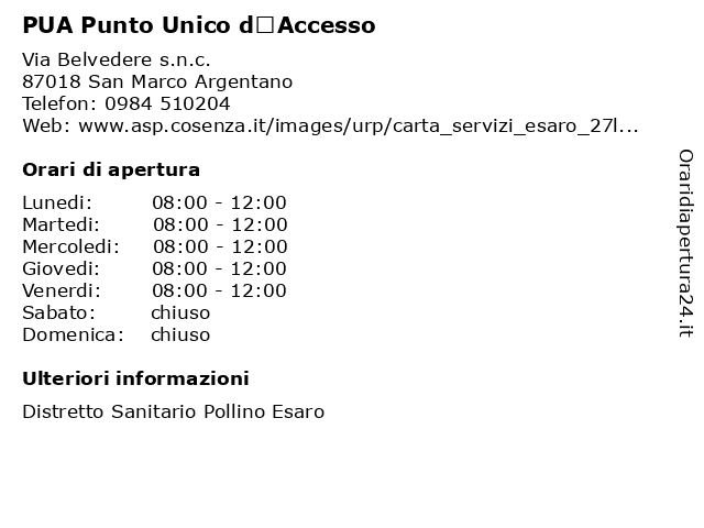 PUA Punto Unico d’Accesso a San Marco Argentano: indirizzo e orari di apertura