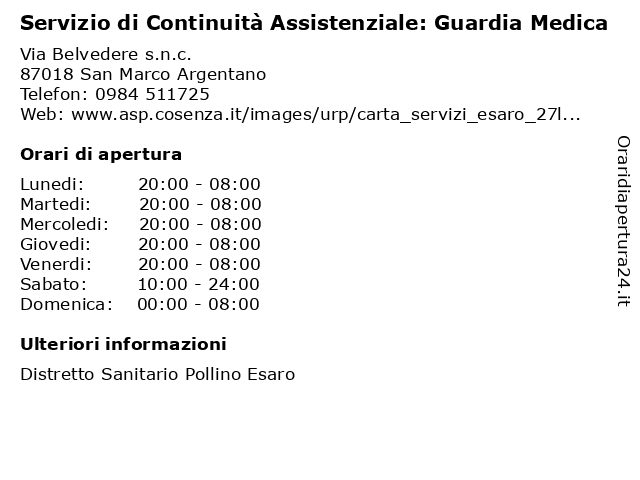 Servizio di Continuità Assistenziale: Guardia Medica a San Marco Argentano: indirizzo e orari di apertura