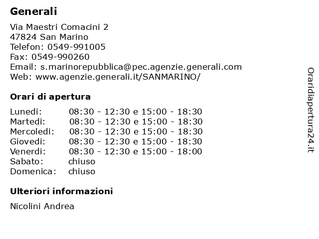 Generali a San Marino: indirizzo e orari di apertura