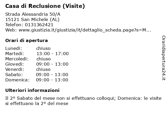 Casa di Reclusione (Visite) a San Michele (AL): indirizzo e orari di apertura