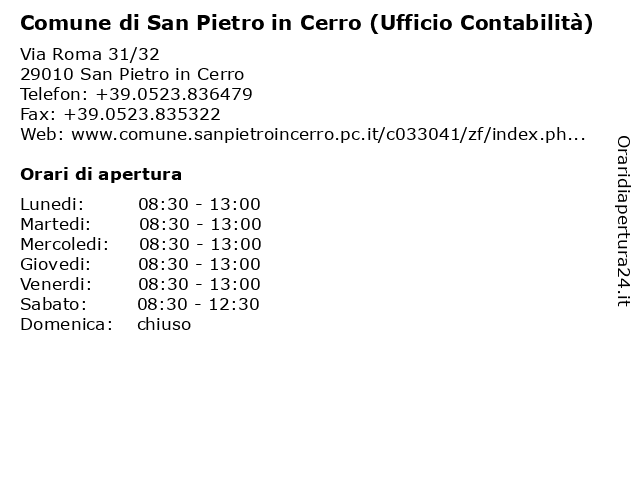 Comune di San Pietro in Cerro (Ufficio Contabilità) a San Pietro in Cerro: indirizzo e orari di apertura