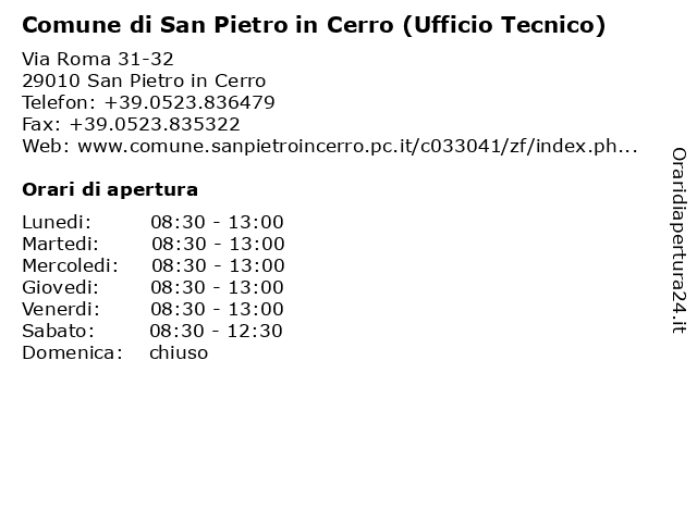 Comune di San Pietro in Cerro (Ufficio Tecnico) a San Pietro in Cerro: indirizzo e orari di apertura