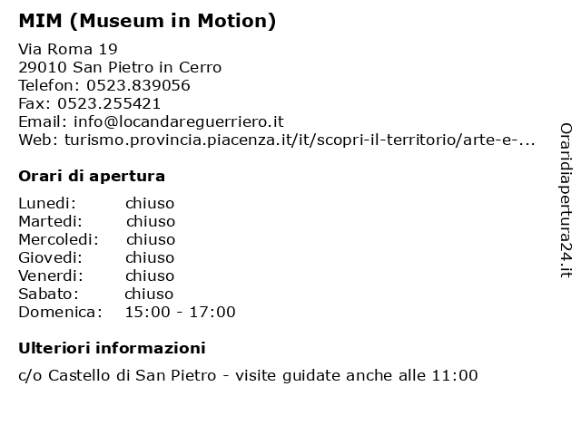 MIM (Museum in Motion) a San Pietro in Cerro: indirizzo e orari di apertura