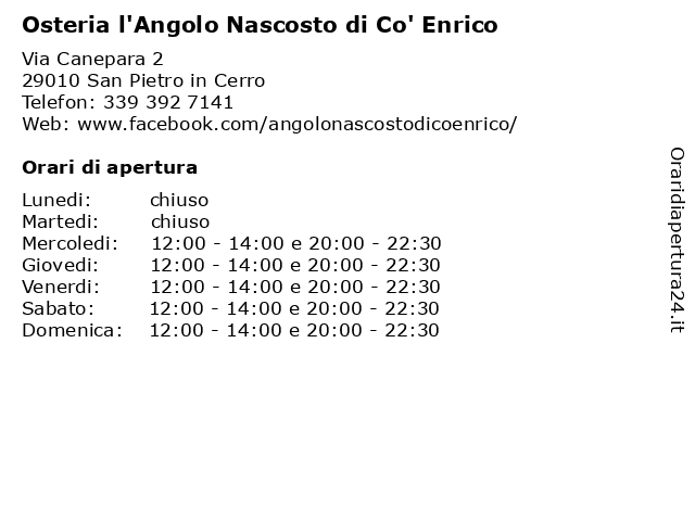 Osteria l'Angolo Nascosto di Co' Enrico a San Pietro in Cerro: indirizzo e orari di apertura