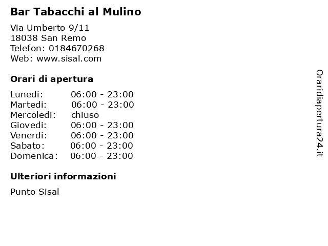 Bar Tabacchi al Mulino a San Remo: indirizzo e orari di apertura