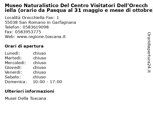 Museo Naturalistico Del Centro Visitatori Dell'Orecchiella (orario da Pasqua al 31 maggio e mese di ottobre) a San Romano in Garfagnana: indirizzo e orari di apertura