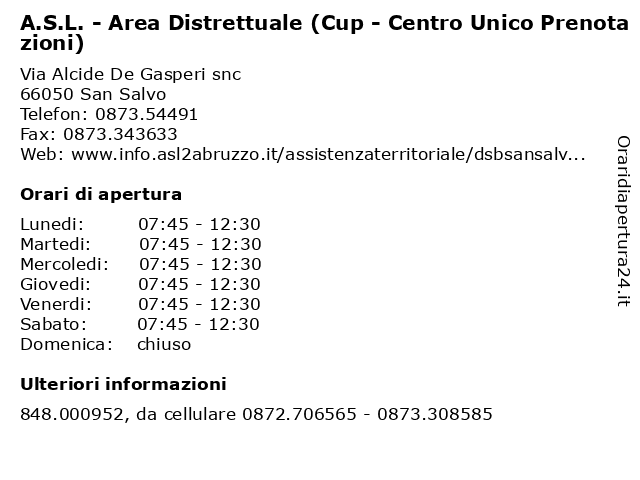A.S.L. - Area Distrettuale (Cup - Centro Unico Prenotazioni) a San Salvo: indirizzo e orari di apertura