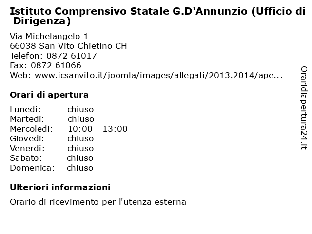 Istituto Comprensivo Statale G.D'Annunzio (Ufficio di Dirigenza) a San Vito Chietino CH: indirizzo e orari di apertura