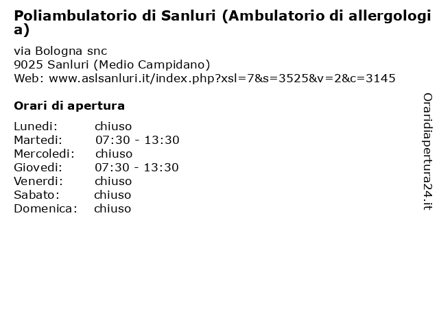 Poliambulatorio di Sanluri (Ambulatorio di allergologia) a Sanluri (Medio Campidano): indirizzo e orari di apertura