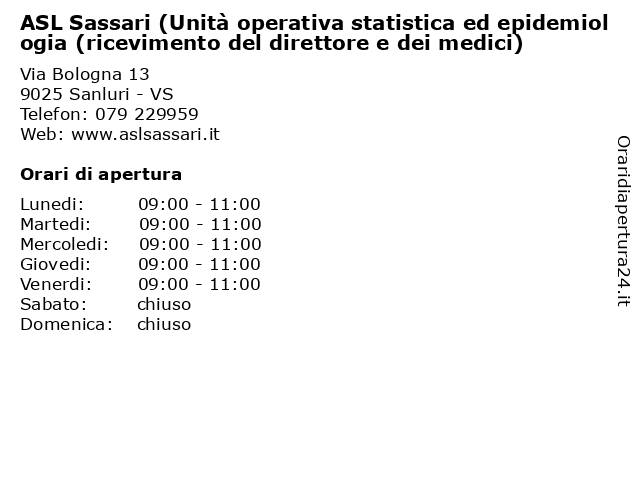 ASL Sassari (Unità operativa statistica ed epidemiologia (ricevimento del direttore e dei medici) a Sanluri - VS: indirizzo e orari di apertura