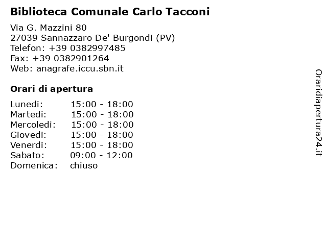 Biblioteca Comunale Carlo Tacconi a Sannazzaro De' Burgondi (PV): indirizzo e orari di apertura
