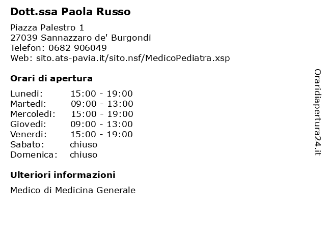 Dott.ssa Paola Russo a Sannazzaro de' Burgondi: indirizzo e orari di apertura