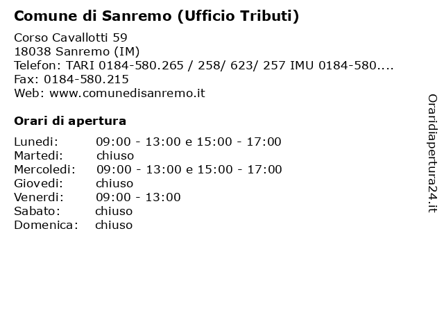 Comune di Sanremo (Ufficio Tributi) a Sanremo (IM): indirizzo e orari di apertura