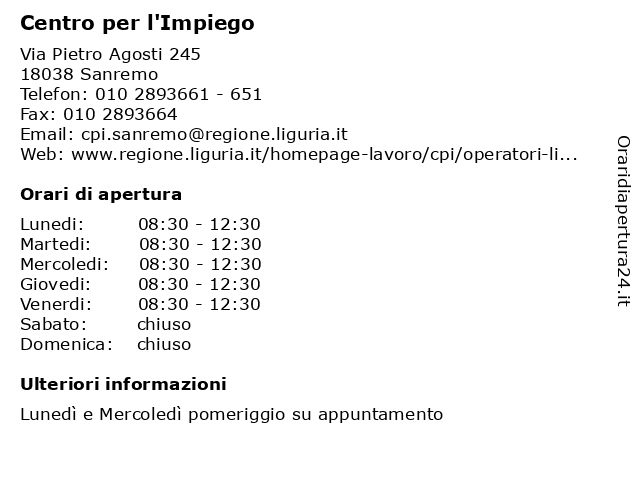 ᐅ Orari Centro Per L Impiego Via Pietro Agosti 245 18038 Sanremo
