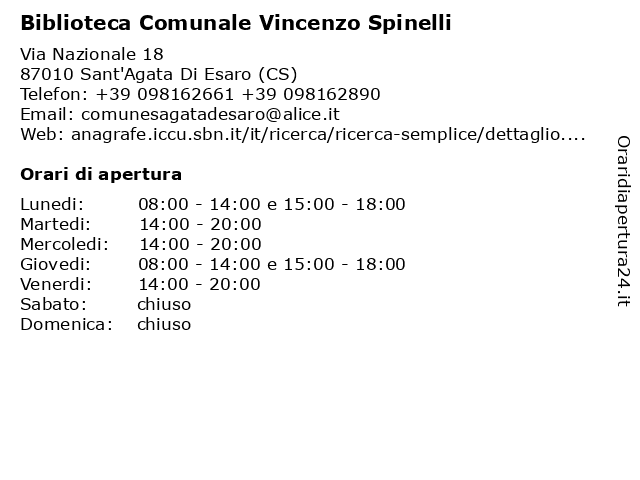 Biblioteca comunale Vincenzo Spinelli a Sant'Agata Di Esaro (CS): indirizzo e orari di apertura