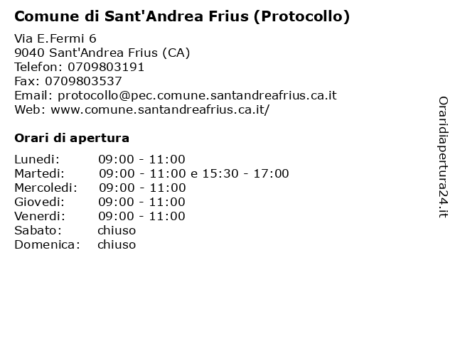 Comune di Sant'Andrea Frius (Protocollo) a Sant'Andrea Frius (CA): indirizzo e orari di apertura