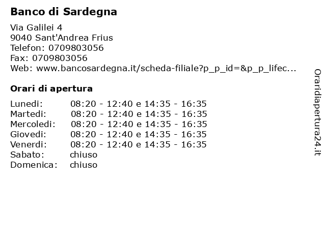 Banco di Sardegna a Sant'Andrea Frius: indirizzo e orari di apertura
