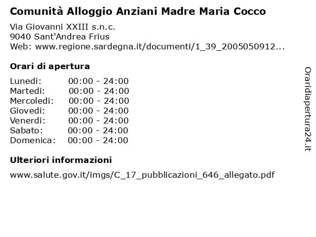 Comunità Alloggio Anziani Madre Maria Cocco a Sant'Andrea Frius: indirizzo e orari di apertura