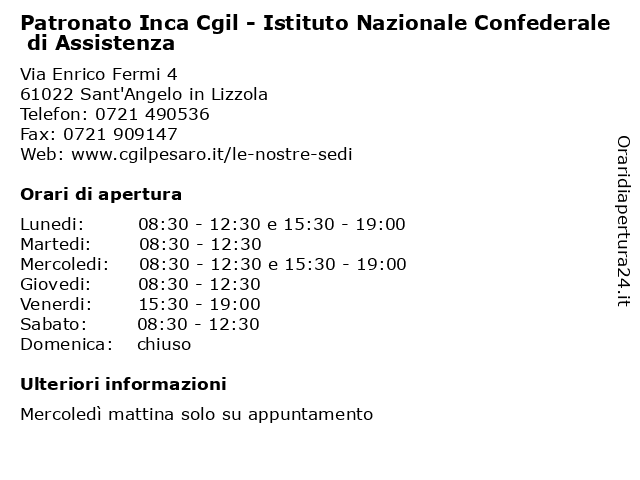 Patronato Inca Cgil - Istituto Nazionale Confederale di Assistenza a Sant'Angelo in Lizzola: indirizzo e orari di apertura