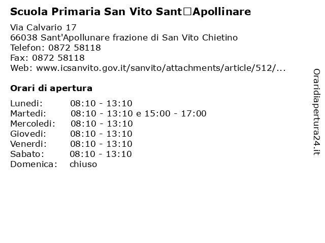 Scuola Primaria San Vito Sant’Apollinare a Sant'Apollunare frazione di San Vito Chietino: indirizzo e orari di apertura