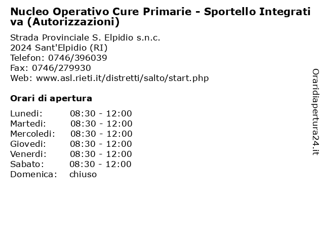 Nucleo Operativo Cure Primarie - Sportello Integrativa (Autorizzazioni) a Sant'Elpidio (RI): indirizzo e orari di apertura