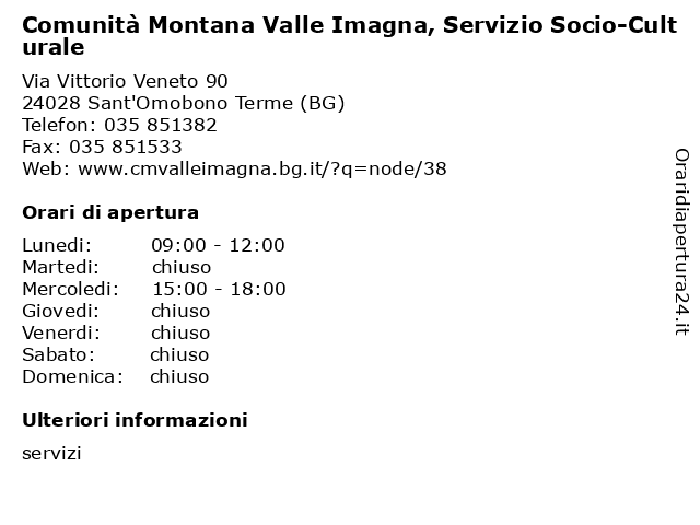 Comunità Montana Valle Imagna, Servizio Socio-Culturale a Sant'Omobono Terme (BG): indirizzo e orari di apertura