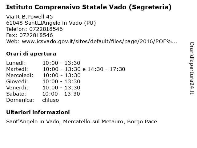 Istituto Comprensivo Statale Vado (Segreteria) a Sant’Angelo in Vado (PU): indirizzo e orari di apertura