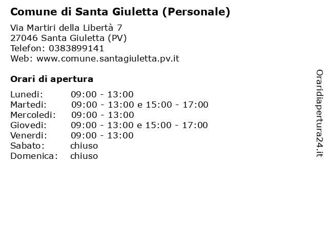 Comune di Santa Giuletta (Personale) a Santa Giuletta (PV): indirizzo e orari di apertura