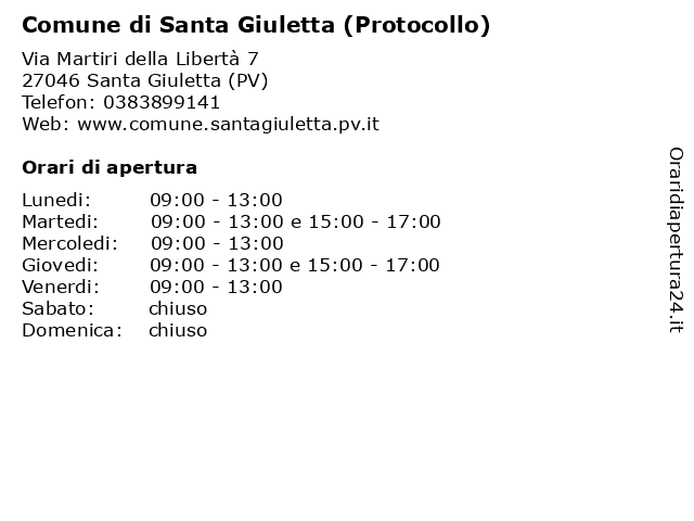 Comune di Santa Giuletta (Protocollo) a Santa Giuletta (PV): indirizzo e orari di apertura