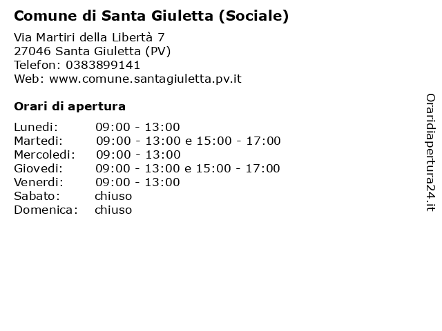 Comune di Santa Giuletta (Sociale) a Santa Giuletta (PV): indirizzo e orari di apertura