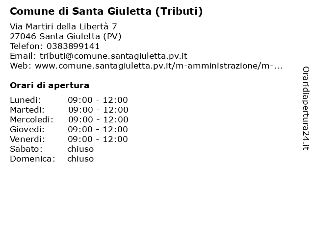 Comune di Santa Giuletta (Tributi) a Santa Giuletta (PV): indirizzo e orari di apertura