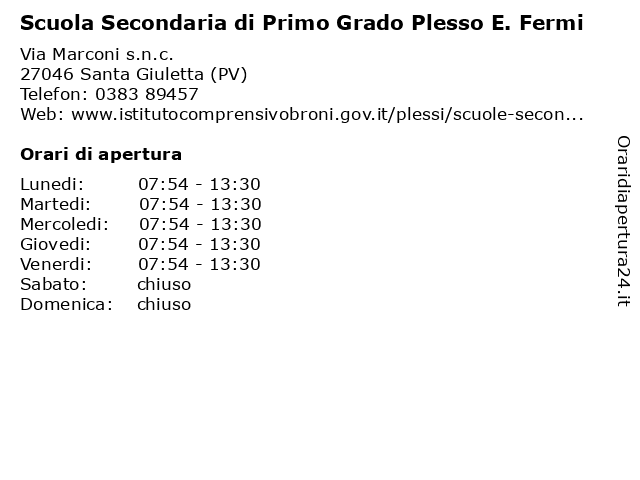 Scuola Secondaria di Primo Grado Plesso E. Fermi a Santa Giuletta (PV): indirizzo e orari di apertura
