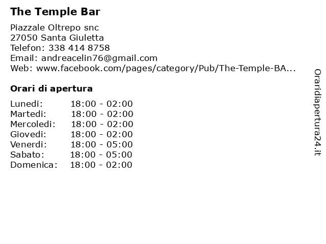 The Temple Bar a Santa Giuletta: indirizzo e orari di apertura