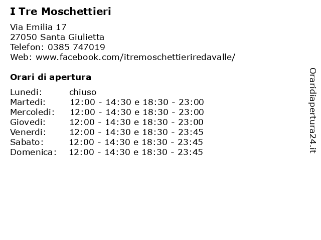 I Tre Moschettieri a Santa Giulietta: indirizzo e orari di apertura