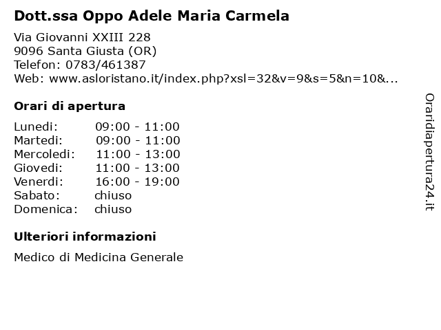Dott.ssa Oppo Adele Maria Carmela a Santa Giusta (OR): indirizzo e orari di apertura